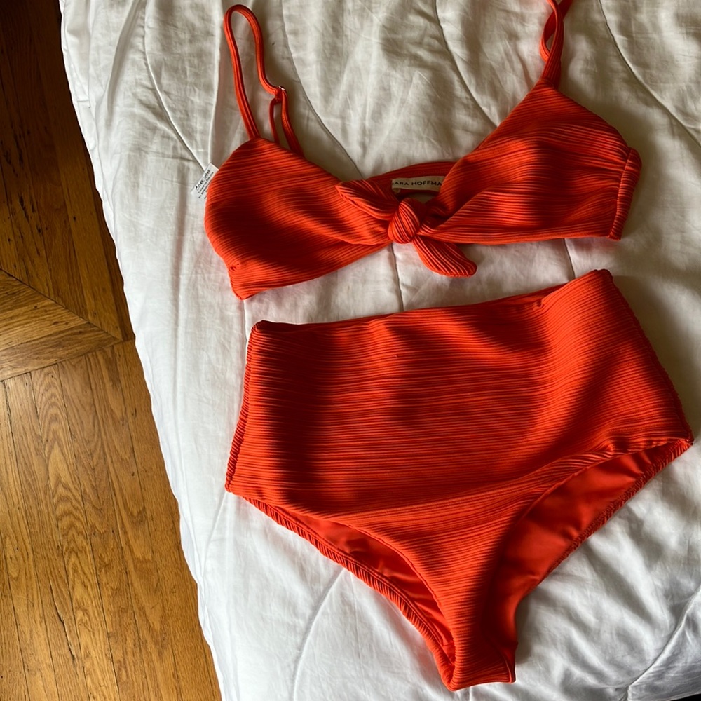 Mara Hoffman 2 piece bathing suit with high waist bottoms and front-tie top